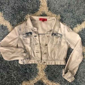 Cropped Distressed White Jean Jacket